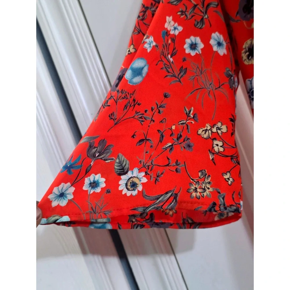 143 Story By Line Up Women Red Floral Off Shoulder Blouse 3/4 Bell Sleeve Sz M